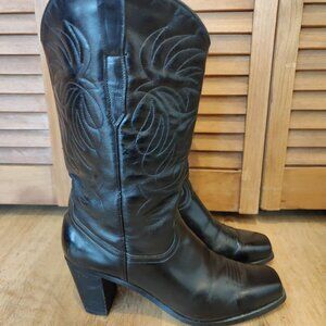 7 M Genuine Leather Black Cowboy Boots Great Condition, Stacked Heel, Square Toe